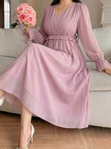 Dazy Plus Valentine Plus Size Women Solid Color Chiffon V-Neck Ruffle Trim Flare Sleeve Long Dress, Pink, Spring/Summer Maxi Dress Sundress - Pink - View 1