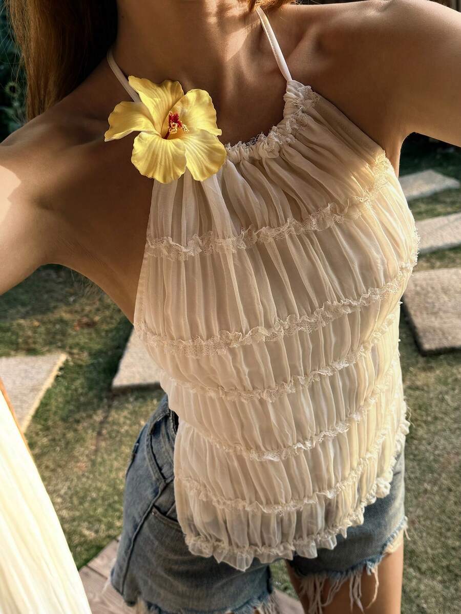 DAZY 女士纹理面料露背系带吊带背心，优雅性感休闲款 - 米色 - 查看 1