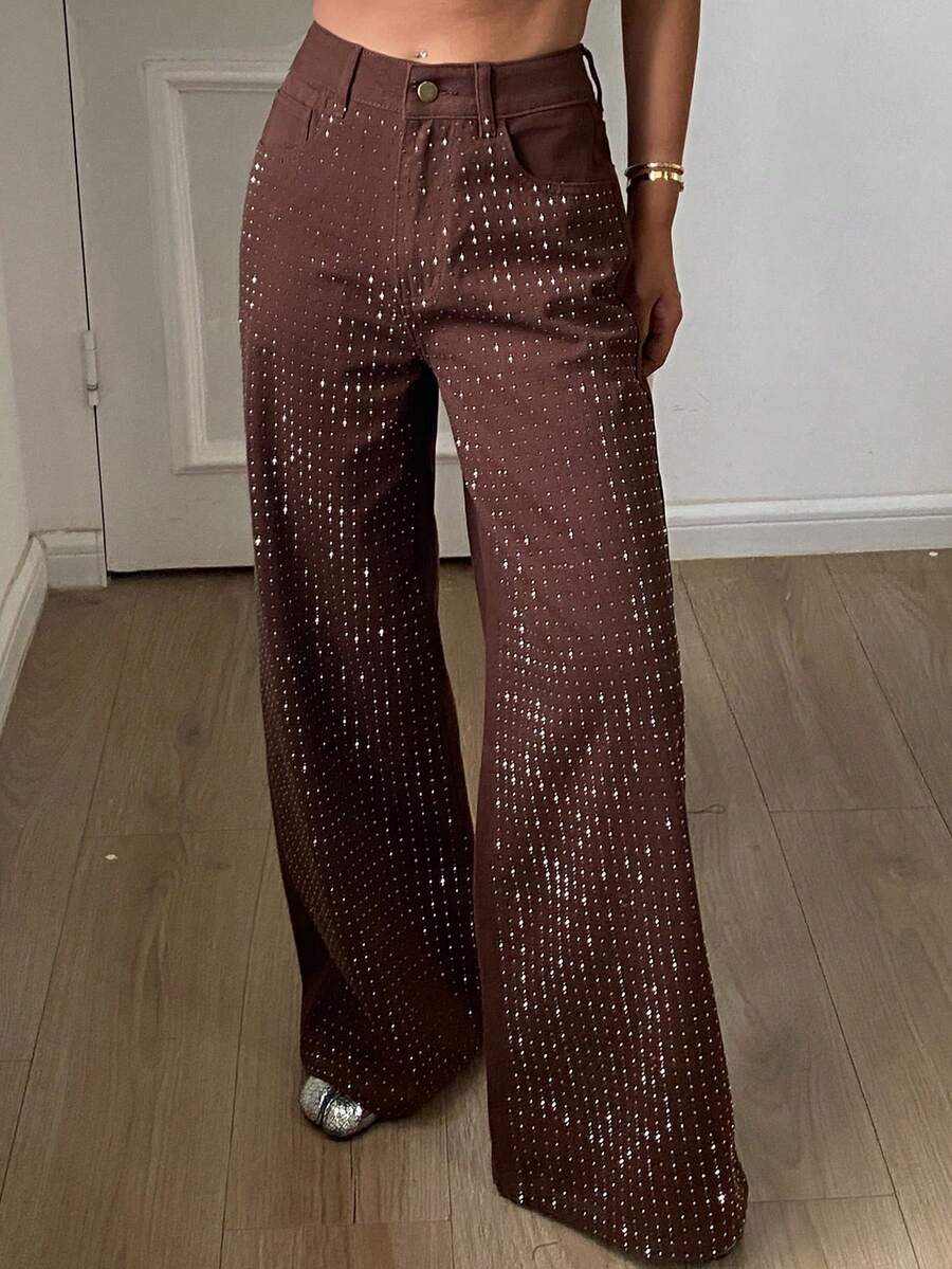 DAZY Women's Regular Waist Rhinestone Embellished Loose Straight Leg Casual Brown Jeans - Brown - View 1