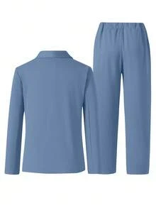 SHEIN 2pcs Tween Boy Gentleman Outfit,Long Sleeve Jacket + Trousers Suit,Blue And White Striped,Summer,Elegant,Traditional,Wedding Formal Attire For Prom - Blue - View 3