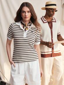 Zovinel Women's Half-Placket Raglan Short Sleeve Striped Casual Versatile Knit Top - Multicolor - View 6