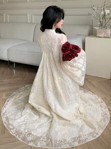 DAZY Women's Elegant Rhinestone Lace Dress With Stand Collar, Suitable For Formal Occasions Sundress - Beige - View 4