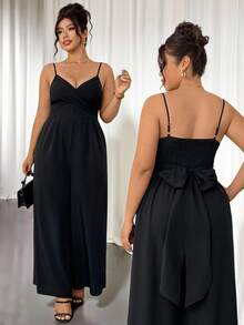 Cravure Plus Size Women's Black Summer Elegant Dinner Jumpsuit,Sleeveless Criss Cross Cami Crossover Bust Strap High-Waisted Wide Leg Woven Cropped Jumpsuit - Black - View 1