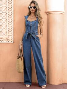 Selianne Mono de mezclilla con cremallera delantera y lazo en la cintura para mujer - Azul lavado oscuro - Ver 4