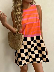 INAWLY Women's Checkered Patchwork Sleeveless Dress - Multicolor - View 4
