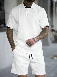 Manfinity CasualCool 男士纹理面料撞色领 Polo 衫套装，适合居家、外出和聚会穿着 - 白色 - 查看 3