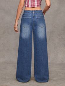 Flirla Women's Fashion Casual Distressed Metal Grommet Y2K Wide Leg Straight Leg Jeans - Medium Wash - View 2