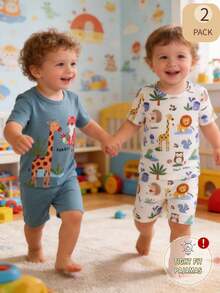 4件套新生男宝宝森林动物主题黄色和灰蓝色狮子、长颈鹿、大象印花短袖连体衣和短裤睡衣套装 - 彩色 - 查看 7