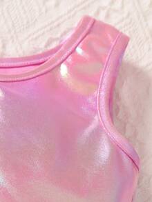 Elladie kids Young Girl Metallic Crew Neck Tank Top And Tulle Skirt Cute 2 Pieces Set - Hot Pink - View 4