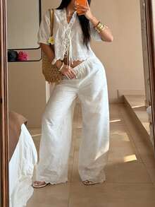 Pariaura 2pcs/Set Refreshing White Hollow Embroidery Outfit: V-Neck Tie-Up Crop Top With Ruffle Hem + Wide Leg Pants, Versatile Vacation & Work Wear, Slimming & Elegant Embroidered Set With Delicate Hollow Design - White - View 7