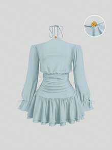 Sweetra Plus Size Women's Off-Shoulder Red Metal Decor Cinched Waist Fitted Short Ruffle Hem Long Sleeve Summer Dress - Sky Blue - View 1