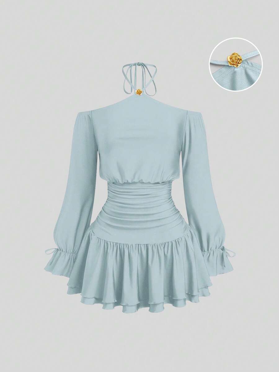 Sweetra Plus Size Women's Off-Shoulder Red Metal Decor Cinched Waist Fitted Short Ruffle Hem Long Sleeve Summer Dress - Sky Blue - View 1