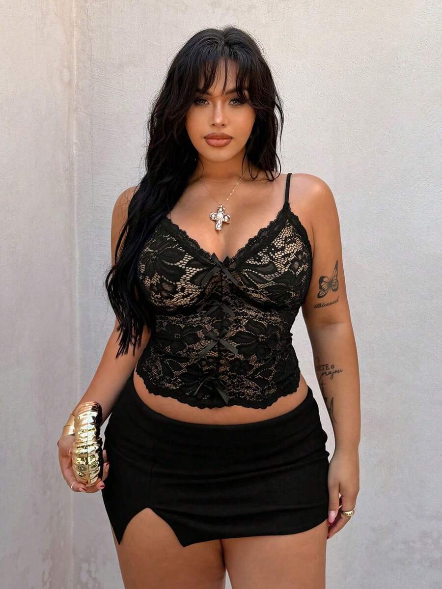 Rustia Black Lace Camisole Tank Top, V-Neck Design, Sexy & Fitted, New Style, Spring/Summer - Black - View 1