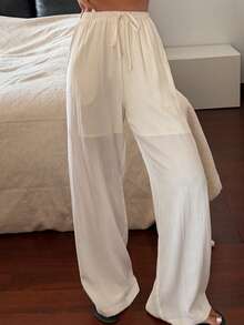 Livesso Women's Lace-Up White High Waist Pants, Summer - White - View 4