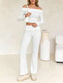 SHEIN Conjunto de 2 piezas de camiseta corta de hombros caídos acanalada y pantalones campana, para uso casual y diario en primavera/otoño - Blanco - Ver 1