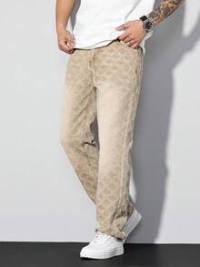 Manfinity Homme Men's Khaki Diamond Crochet Denim Jeans, Casual Straight Leg Pants - Khaki - View 7