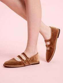 CUCCOO DOLLMOD Sepatu Wanita Klasik Cokelat dan Kuning Garis Ganda Beludru Model Datar - Coklat - View 5