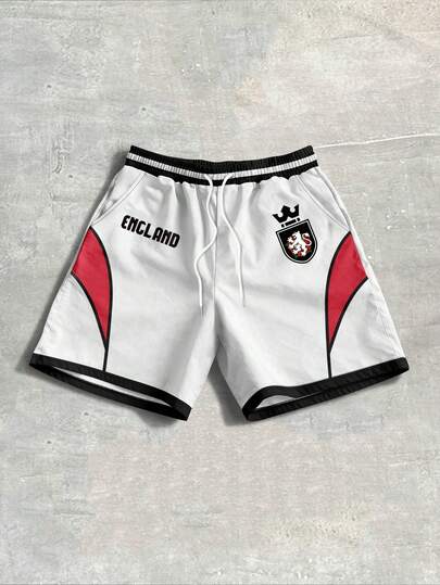 ROMWE MEN Prep Men's Contrast Color Letter Print Slant Pocket Drawstring Waist Casual Shorts