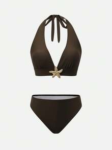 Swim Oasis 26SS 女士春夏沙滩套装，三件套，优雅社交名媛复古波西米亚风，精致海星金属装饰扣，吊带背心式泳衣和裹身裙，高级套装棕色泳装，女士端庄两件套泳衣，棕色两件套女士沙滩裙套装，棕色泳装大码 - 棕色 - 查看 4