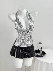 Elamini Áo dự tiệc gợi cảm, quyến rũ dành cho nữ, cổ yếm, cổ chữ V sâu, hở lưng, buộc dây. - Bạc - Xem 4