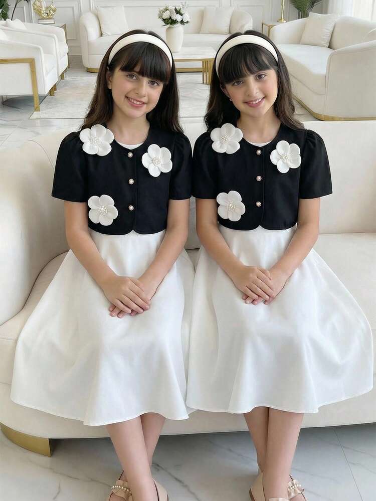 SHEIN 3pcs/Set Tween GirlsWoven Solid Color Bubble Short Sleeve Cropped Cardigan, Sleeveless A-Line Dress And Simple Casual Beret Hat Set, With Faux Pearl Mushroom Buttons And 3D Floral Decor, Fashionable And Elegant, Suitable For Spring/Summer Daily Casual Wear - Black and White - View 4