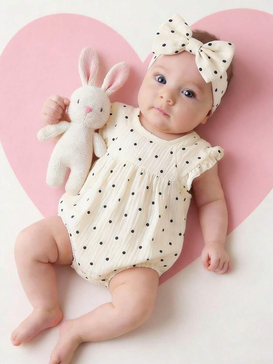 夏季女婴连体衣+发带两件套，新生儿优雅甜美可爱波点印花 - 米色 - 查看 1