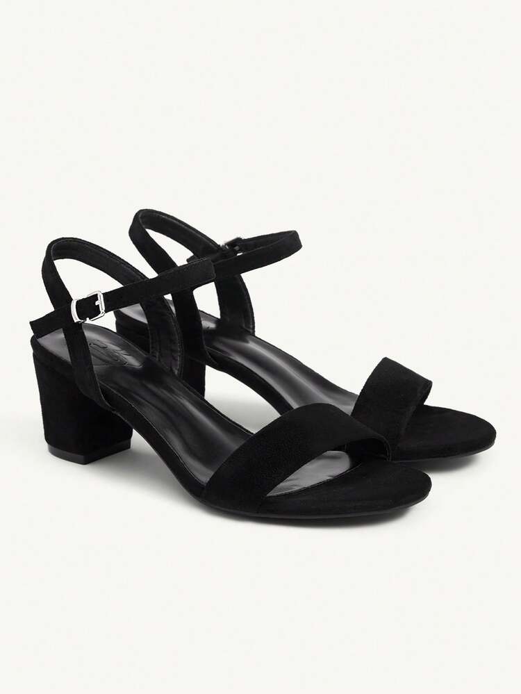 CUCCOO CHICEST Women's Basic Solid Color Wide Strap Square Toe Block Heel Mid Heel Sandals, Faux Suede, Black, Commuting & Casual Wear Elegant Shoes Wedding Shoes