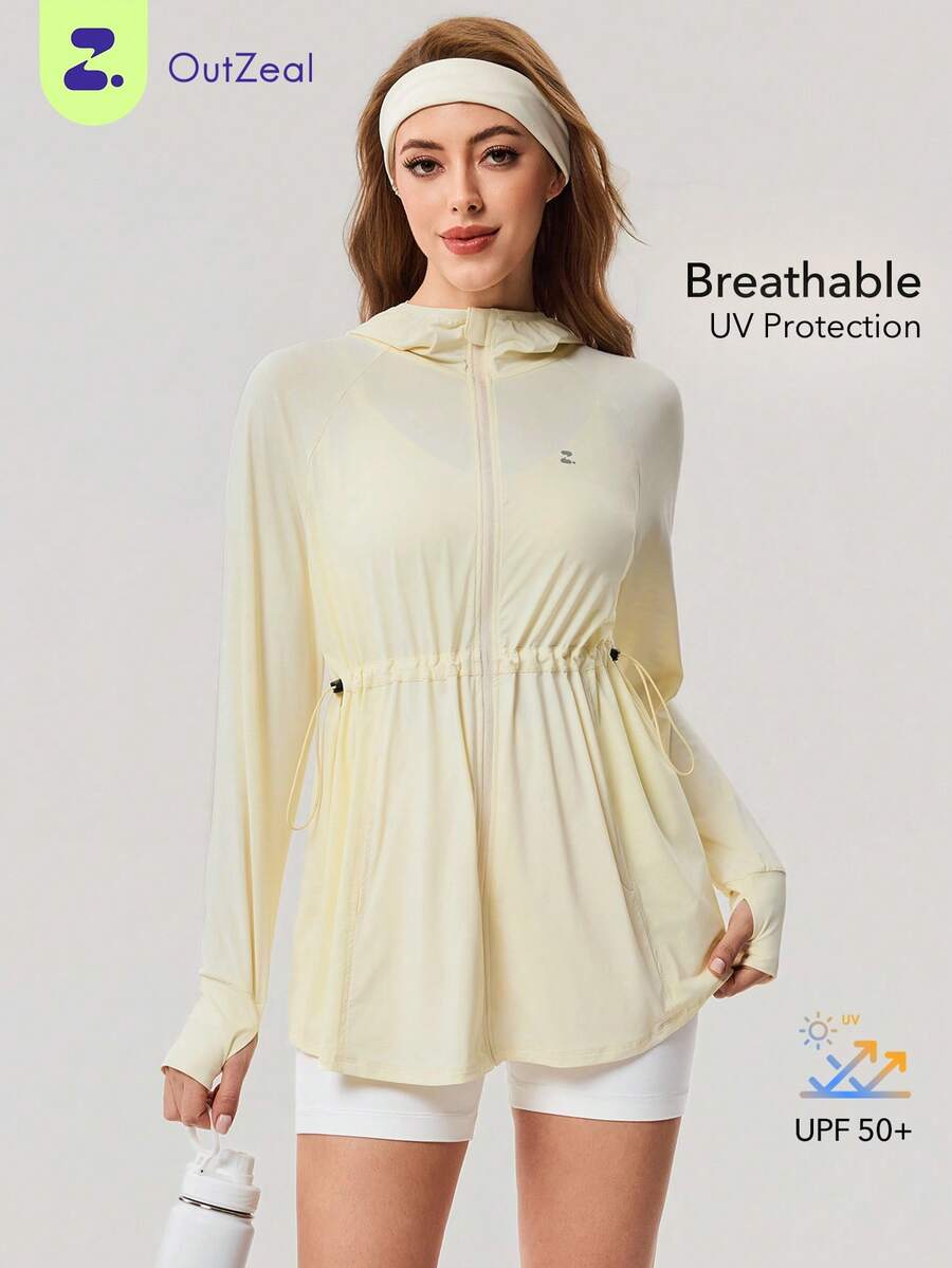 OutZeal 女士防晒外套 日常休闲 UV 防护 背部网眼抽绳腰带连帽及臀户外上衣 - 黃色 - 查看 1