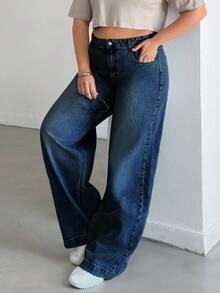EURMUSE WOMEN HIGH WAISTWIDELEG CUTLINE PLUS SIZE JEAN - Royal Blue - View 6