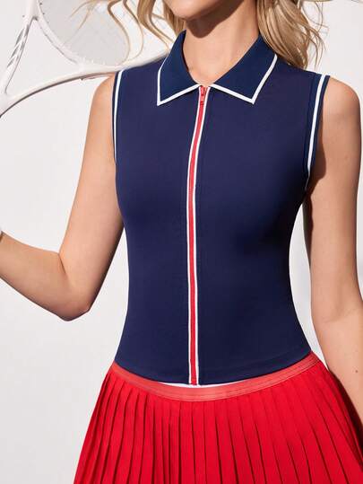 CourtClass Women's Colorblock Polo Collar Sleeveless Fitted Zip-Up Cropped Vest, Sporty Casual Tennis Wear For Daily