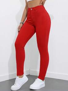 SHEIN ICON Women's Solid Color Minimalist Everyday Denim Pants - Red - View 7