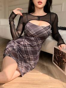 FRIFUL Women's Mesh Chiffon Cover Up & Plaid Bodycon Mini Dress 2 Pieces Set - Black - View 1