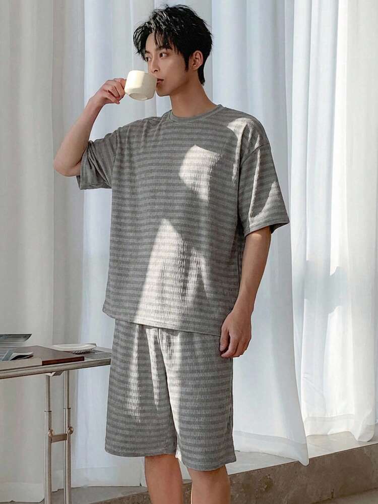 Men's Grey Short Sleeve Top And Shorts Pajama Set, Summer