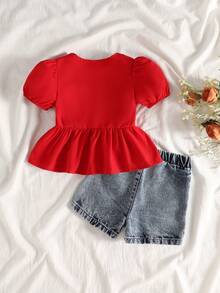 SHEIN Vintaside Kids 2件套女婴夏秋季休闲风蝴蝶结装饰短袖上衣和短裤 - 紅色 - 查看 2