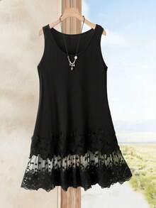 EMERY ROSE 大码女式黑色蕾丝拼接吊带背心 - 黑色 - 查看 7