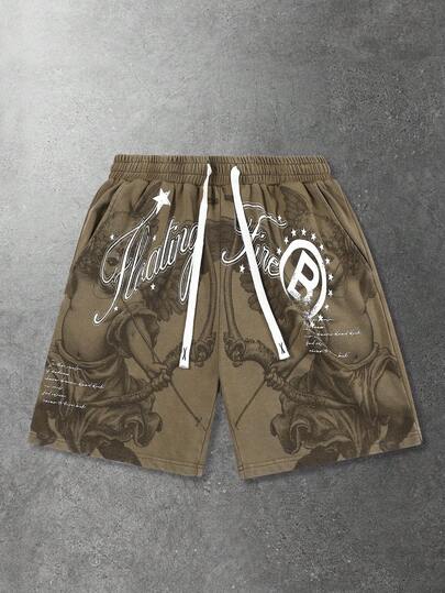 ROMWE MEN Men's Drawstring Waist Letter & Pentagram Print Casual Versatile Daily Wear Shorts