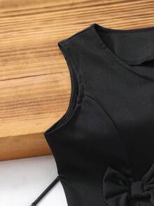 SHEIN Completo estivo da 2 pezzi nero per ragazza, top e pantaloncini stile principessa con fiocco, abbigliamento alla moda di alta qualità per uso quotidiano per ragazza - nero - Visualizzare 6