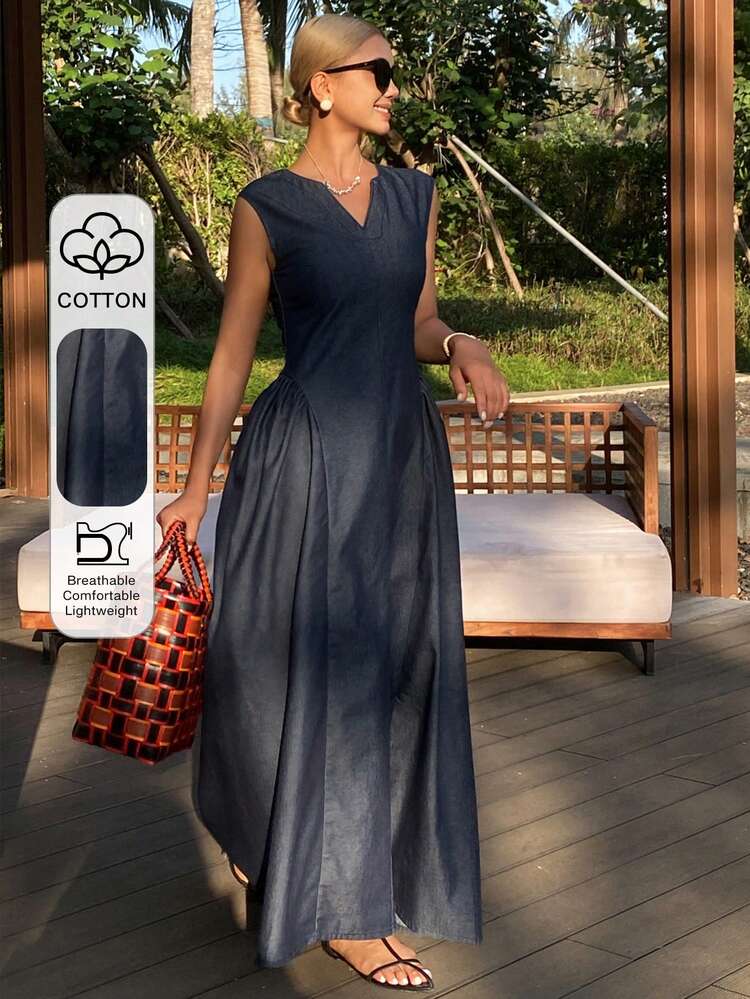 Women's V-Neck Sleeveless Waist Cinched Long Denim Dress, Vacation Style, Summer