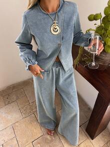 DAZY Women's Casual Washed Oblique Collar Round Neck Belt Shirt And Wide Leg Jeans Suit, Spring/Autumn - Medium Wash - View 6