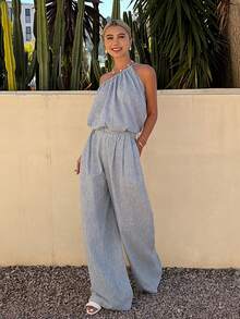 Livesso Spring & Summer Fashion Blue Asymmetrical Shoulder Crop Top & Straight Leg Casual Pants 2-Piece Set, Elegant For Business, Leisure, Home, Vacation - Dusty Blue - View 6