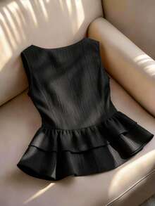 GlowEve CURVE 大码女式纯色纹理V领无袖衬衫，荷叶边系带蝴蝶结度假衬衫无袖荷叶边上衣黑色夏季上衣荷叶边上衣女式荷叶边上衣荷叶边衬衫 - 黑色 - 查看 2