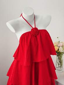 Sunspun Đầm cổ yếm nhiều lớp họa tiết hoa dành cho nữ cỡ lớn - trắng - Xem 4