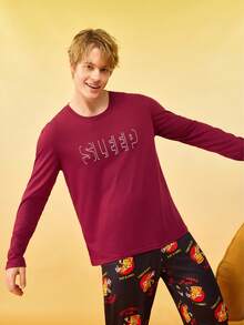 Notgurli Camiseta de dormir de manga larga negra con gráfico "SLEEP" suave y cómoda para hombres - Burdeos - Ver 4