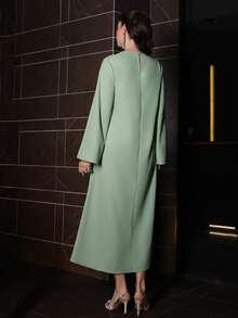 Al Najma Women's Elegant V-Neck Tie-Waist Long Sleeve Pearl Decor Mint Green 2 In 1 Slim Dress - Mint Green - View 3