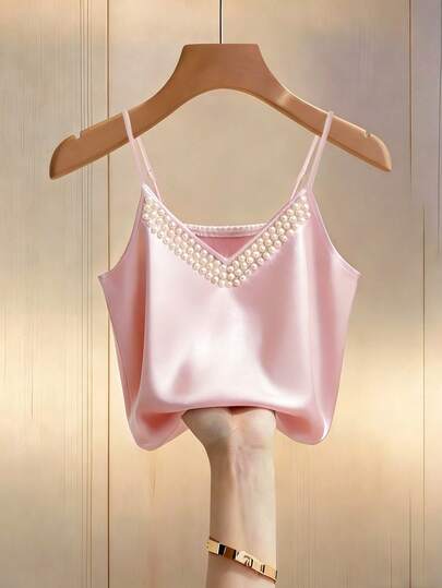 Franclia Petite Women's Satin Pearl V-Neck Camisole, French Luxurious Layering Top