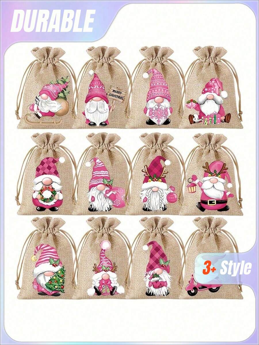 12个/6个装圣诞抽绳礼品袋，亚麻和黄麻圣诞包装袋，圣诞矮款亚麻包装袋，可重复使用的圣诞亚麻袋，适合节日派对礼物，非常适合圣诞节和节日派对用品，可用于包装圣诞派对小礼物或送给朋友、同事的礼物，也可用于圣诞节和新年派对的礼物和用品DIY圣诞家居装饰。 - 粉色 - 查看 1