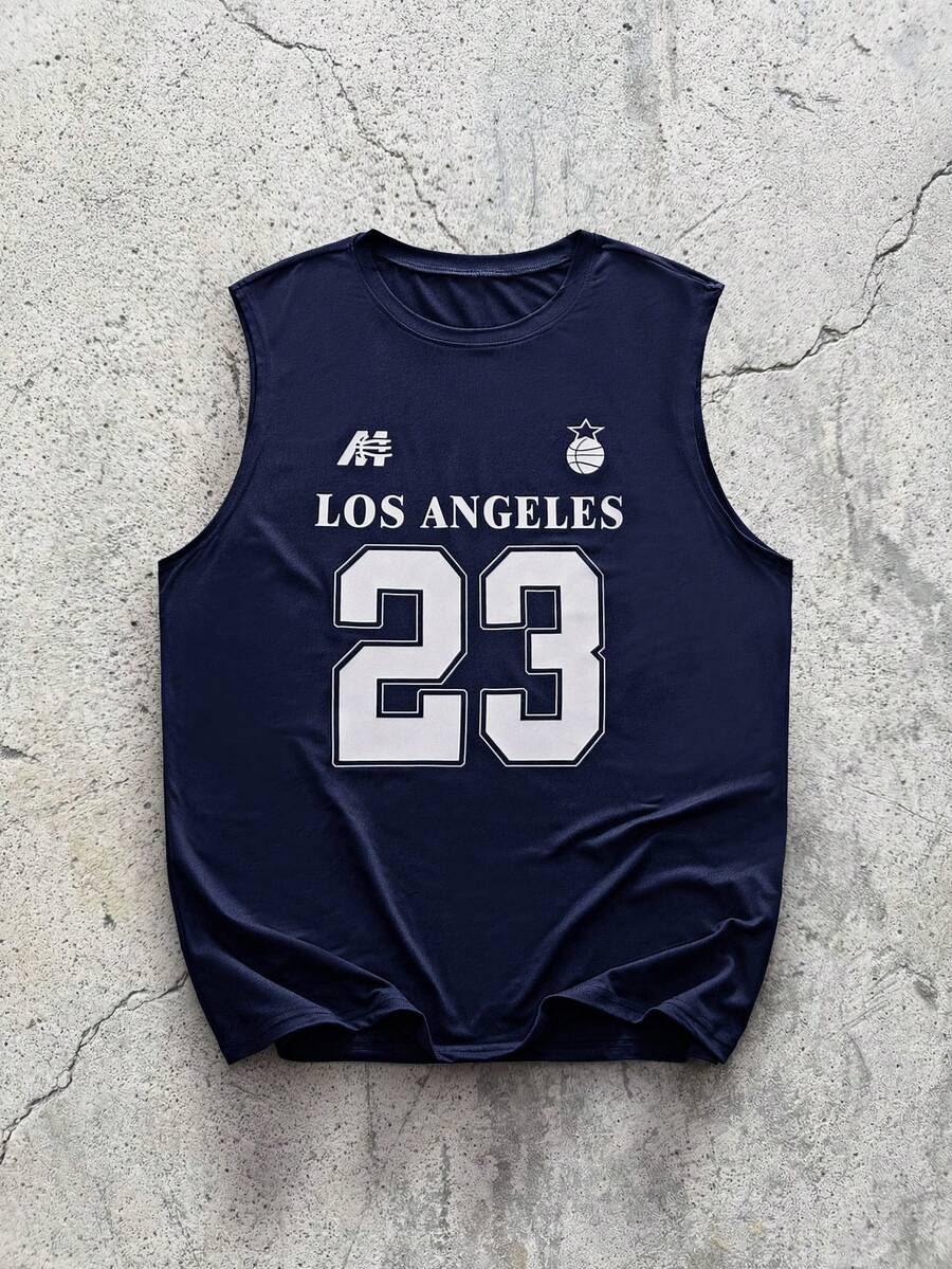 EVRINFINITE 男式字母和心形图案圆领休闲背心 - 藏蓝色 - 查看 1