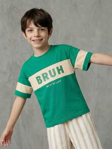 SHEIN Casuvi Kids Young Boy Colorblock Raglan Tee & Striped Shorts Set,Casual American Letter Graphic Comfortable Summer Outfit, Green Sprunki Shirt Kids 2pcs - Dark Green - View 3