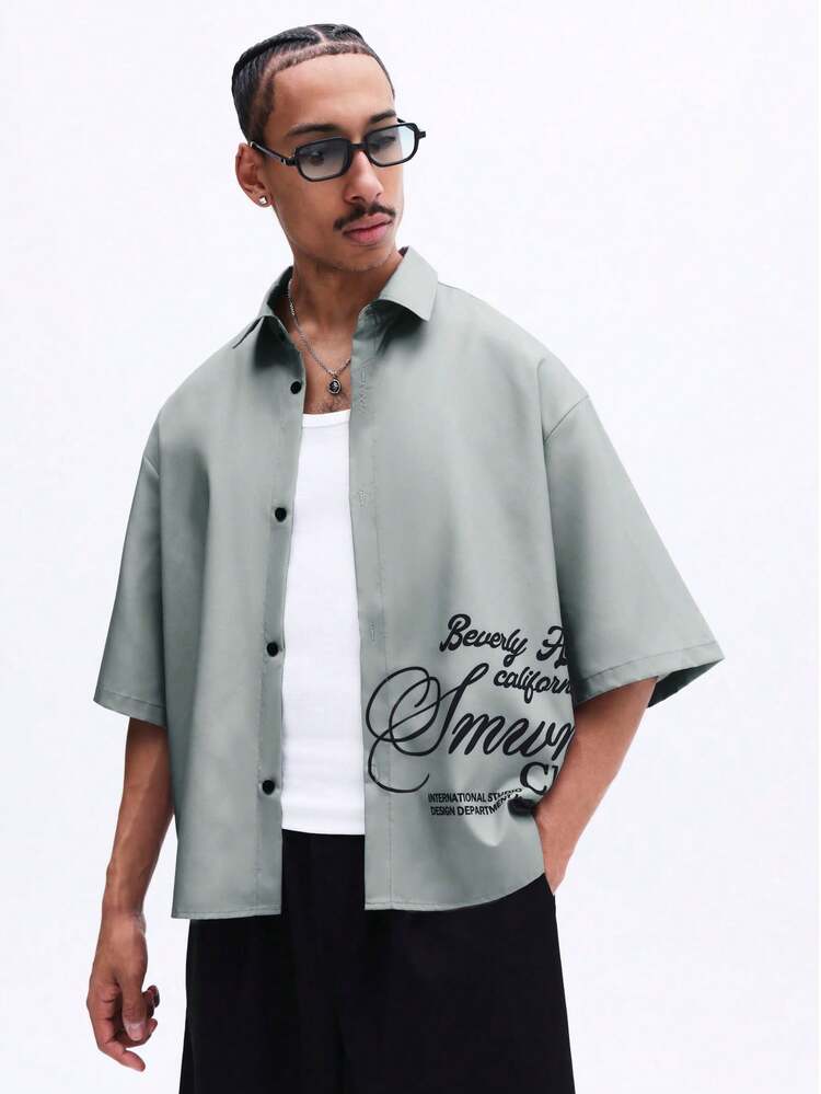 Light Purple Button Down Shirt With Text Print