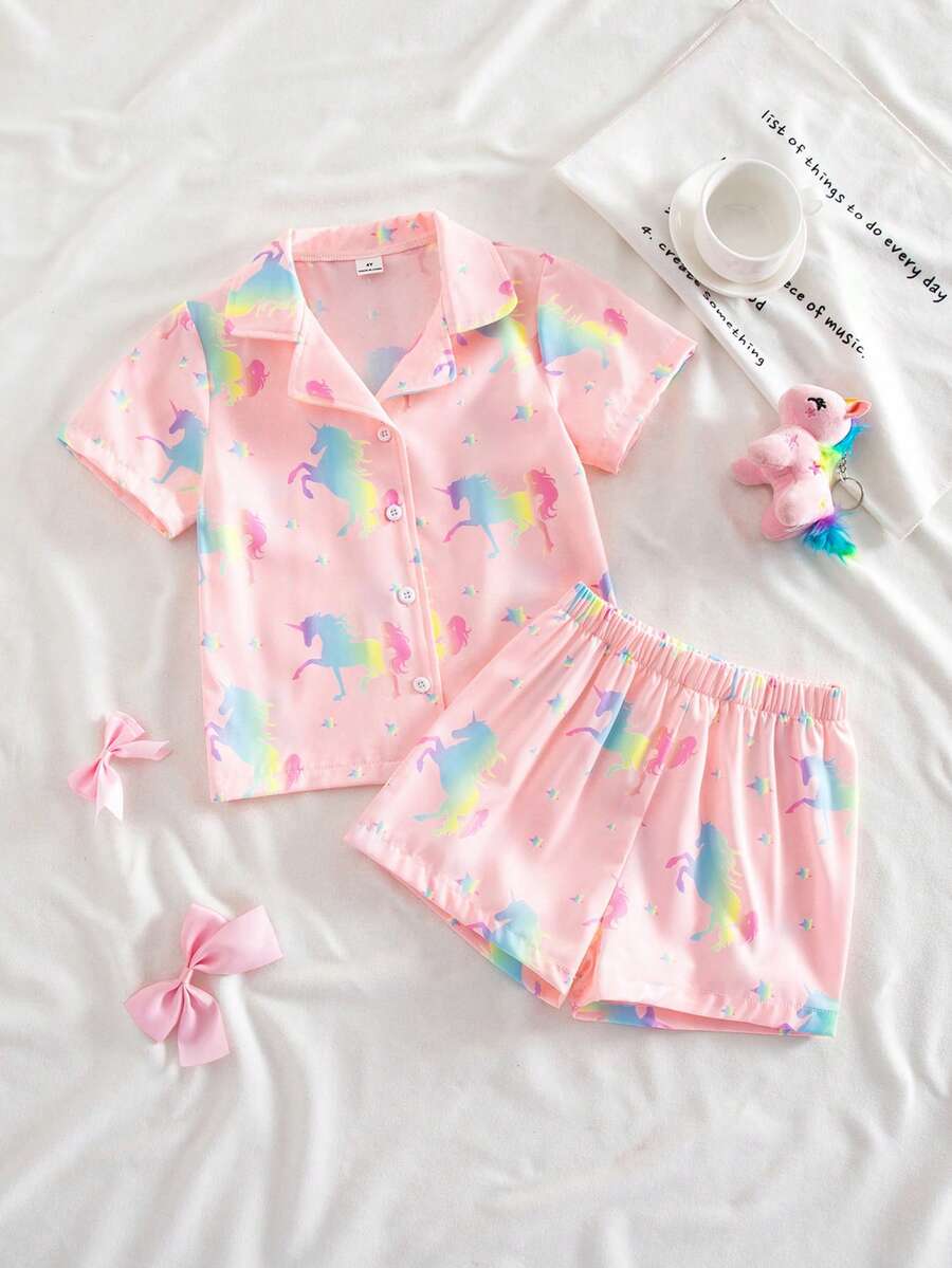 Young Girl' Pink Bow Print Lapel Short Sleeve Shorts Set, Loungewear - Multicolor - View 1